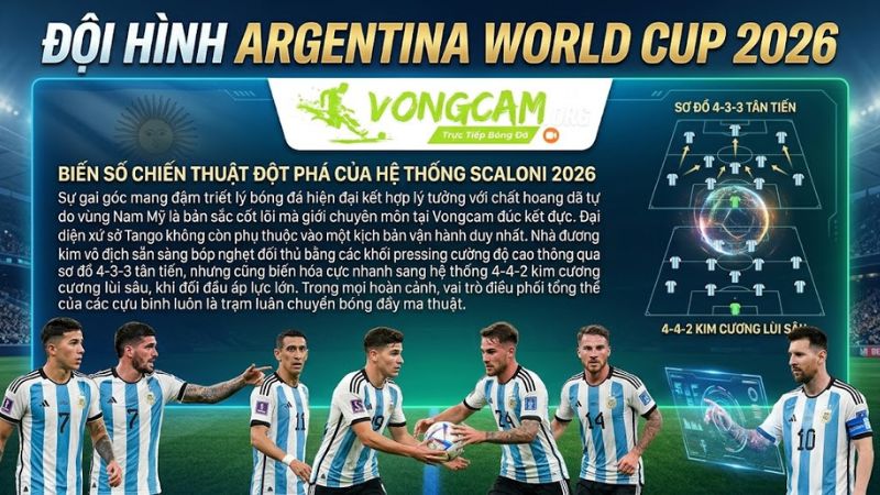 Sơ đồ chiến thuật biến ảo của đội hình Argentina World Cup 2026 cập nhật từ Vongcam